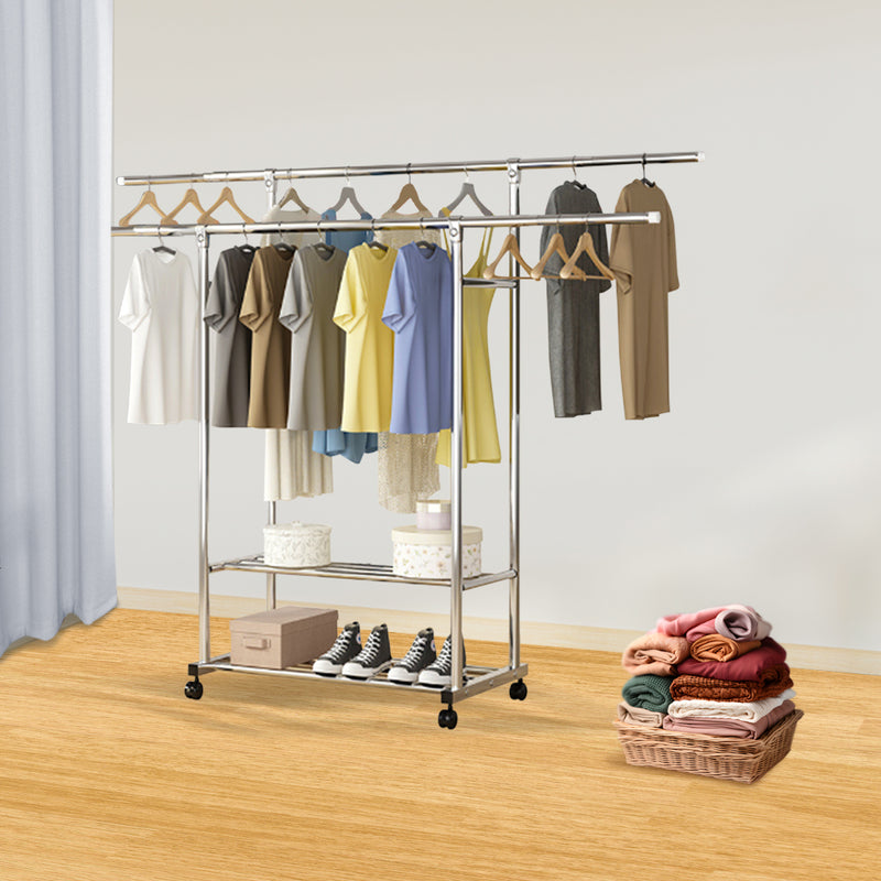 2X 200cm Extendable Stainless Steel Floor Clothes Rack Double Rod Wheels