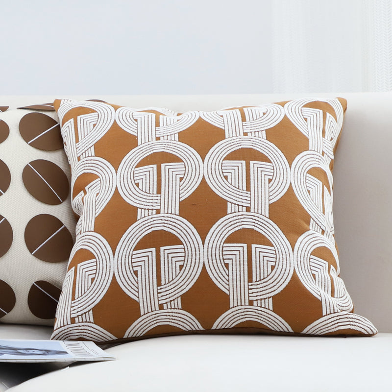 2X Brown Jacquard Square Throw Pillow Polyester 45cm Circular Chain Design