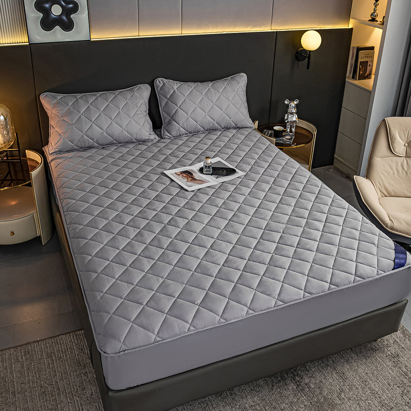 Grey Polyester Quilted Mattress Cover 203cm With 2 Pillow Covers Dust Protection
