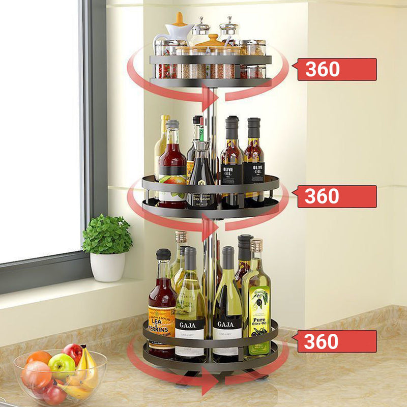 3 Tier Round Rotating Kitchen Spice Rack Carbon Steel 25x25x59cm Black