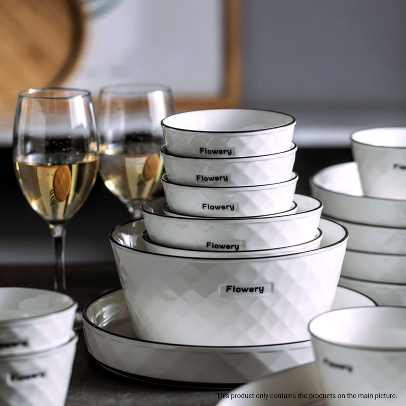 Diamond Pattern Ceramic Dinnerware Set of 13 White Bowl Plate Soup Server