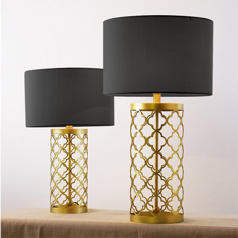 2X Golden Hollowed Out Metal Table Lamp Large 38x72cm Fabric Drum Shade Dark