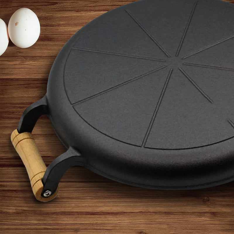 2X 35cm Cast Iron Sizzle Pan Skillet With Wooden Handle Induction Safe