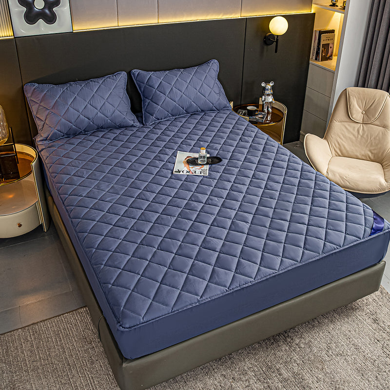 Blue Polyester Quilted Mattress Cover 203x153x40cm 2 Pillow Covers