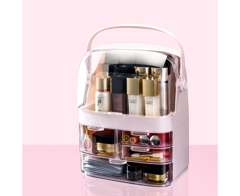 2X 3 Tier ABS Plastic Countertop Makeup Organizer Dustproof Lid Handle Pink