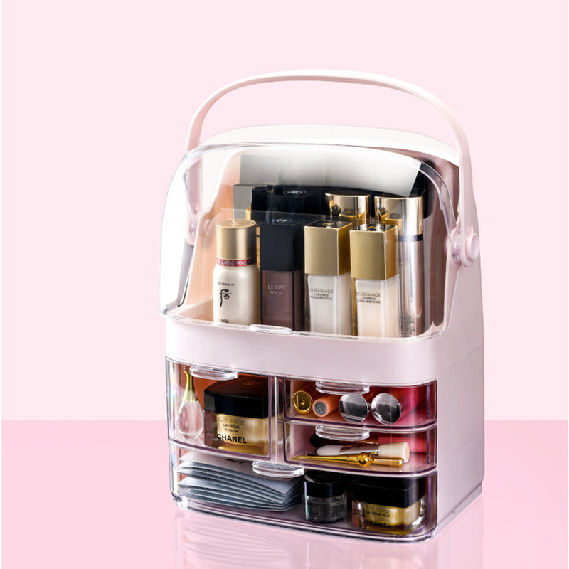 3 Tier Pink Makeup Storage Organizer ABS Plastic Waterproof Dustproof Handle