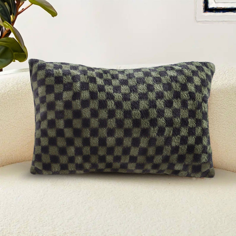 2X Dark Green Velvet Checkered Lumbar Throw Pillow 30x50cm Plush Cushion
