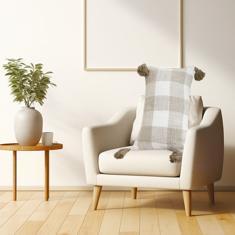 Velvet Lumbar Pillow Cover Soft Plaid Farmhouse Decorative Caramel White 35CM