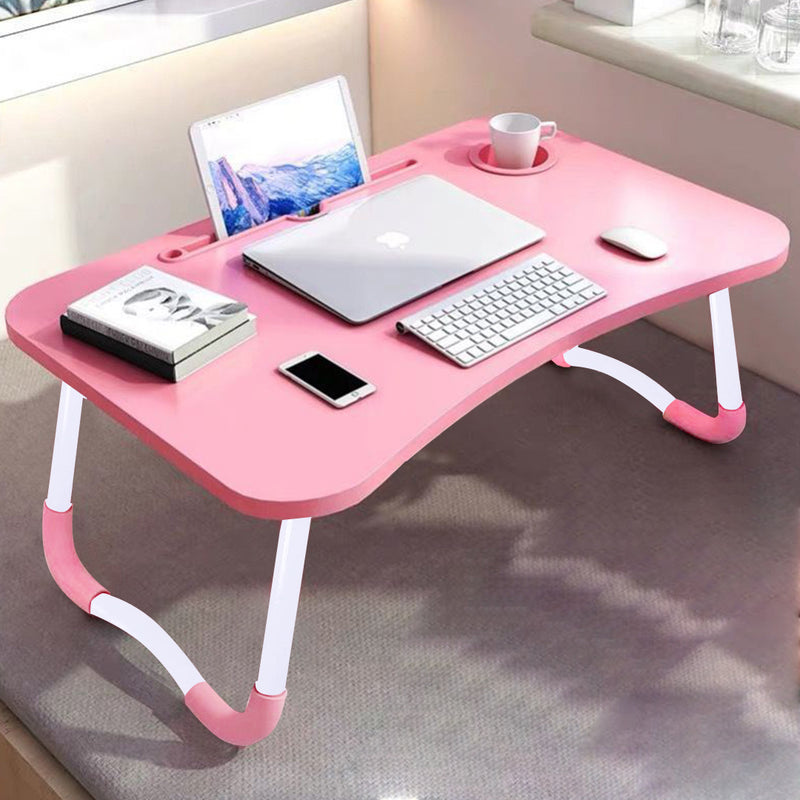 Pink Portable Bed Table MDF Kids Desk Folding Adjustable Stand with Cup-Holder