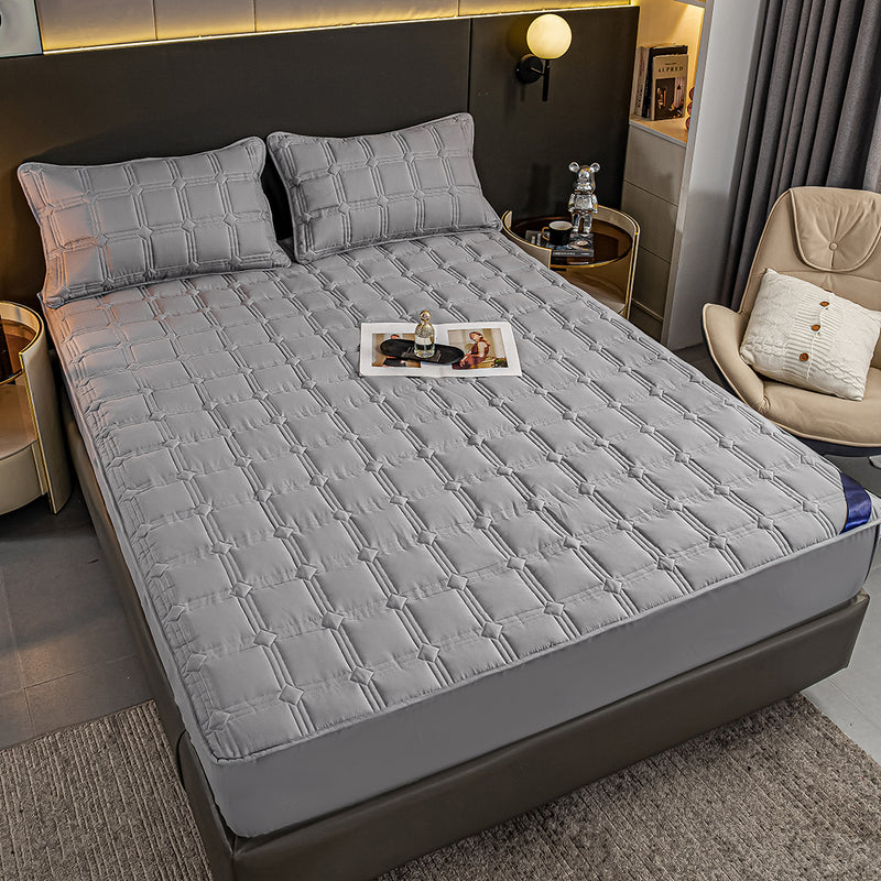 2X Grey Quilted Mattress Cover 153cm Stretchable Sheet Protector With Pillows