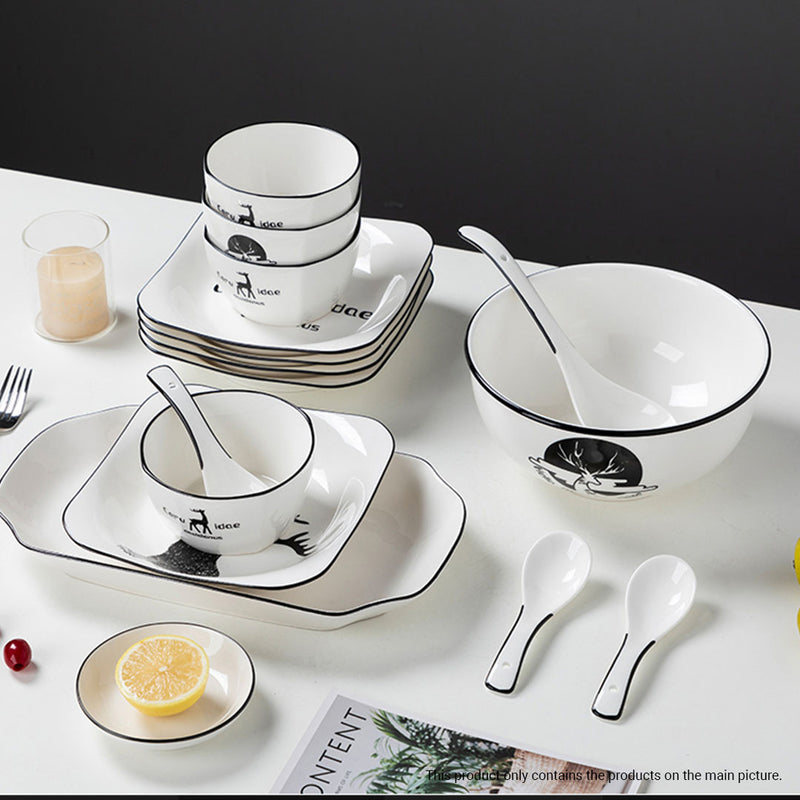White Ceramic Dinnerware Set of 20 Antler Print Bowls Plates Modern Design