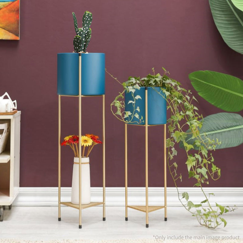 2 Layer Metal Plant Stand 81cm Gold with Blue Pot Indoor Outdoor Corner Display
