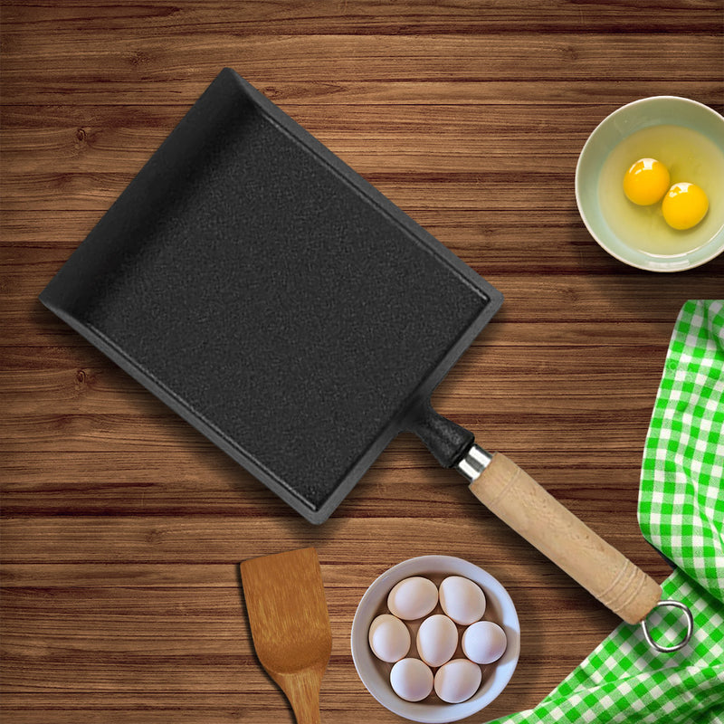 Cast Iron Tamagoyaki Omelette Fry Pan Non-Stick Skillet With Wooden Handle
