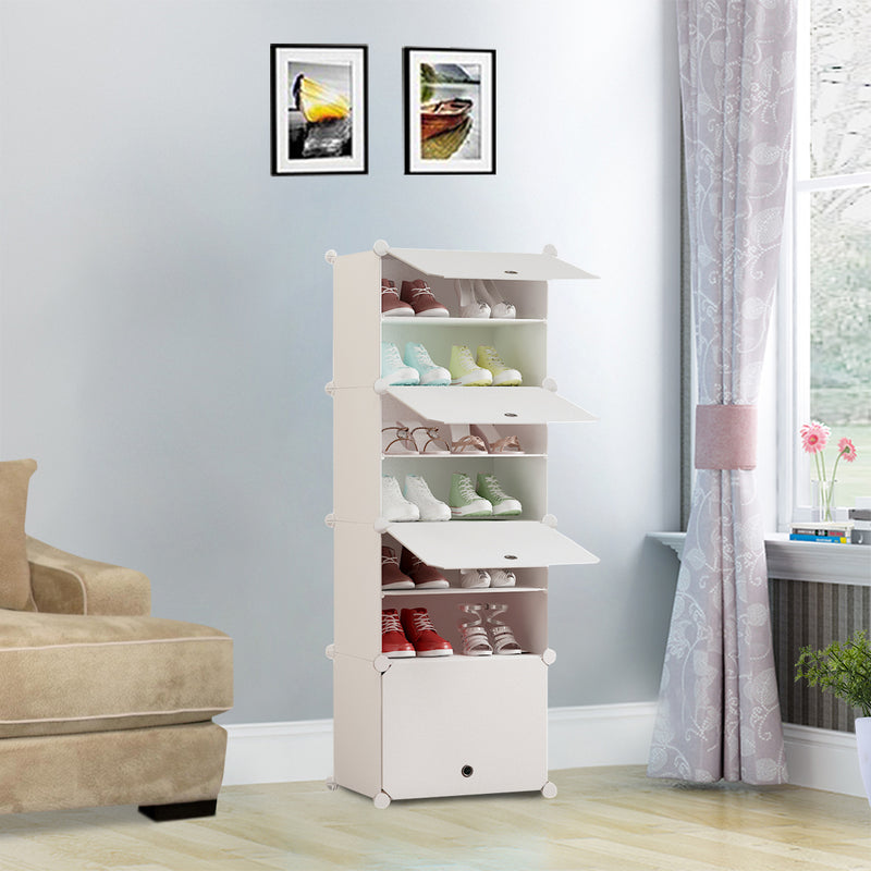 7 Tier Shoe Rack Organizer White PP Plastic Stackable Cabinet with Cover