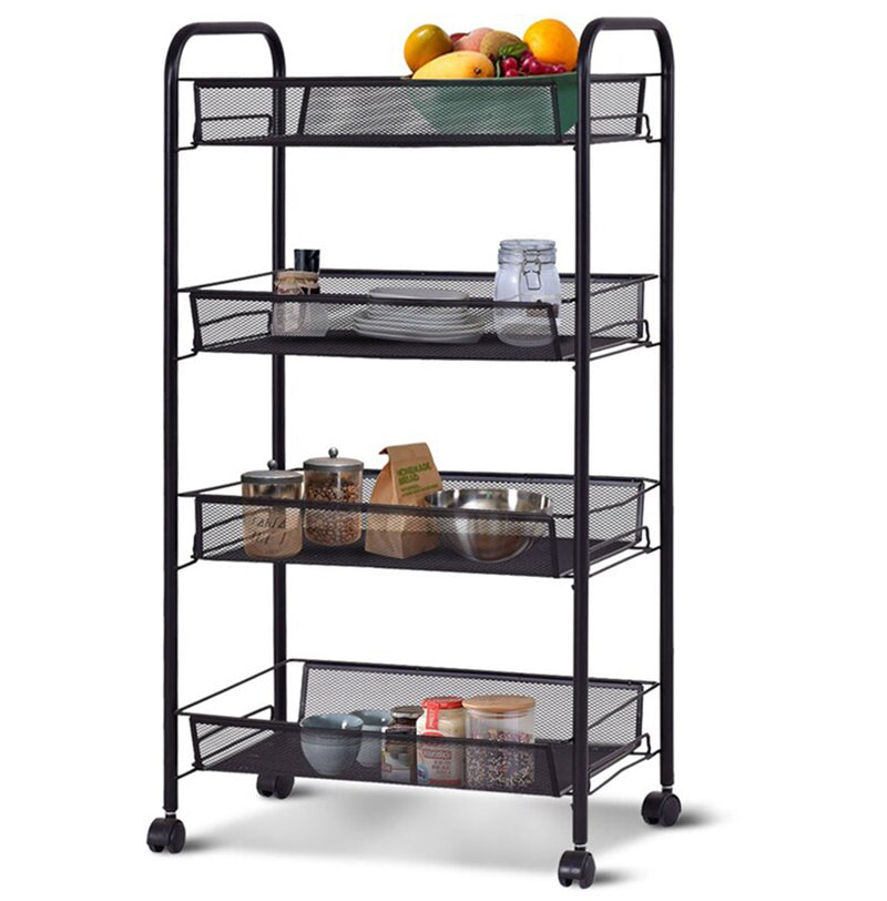 2X 4 Tier Steel Mesh Kitchen Storage Cart With Wheels Black 44x27x85cm