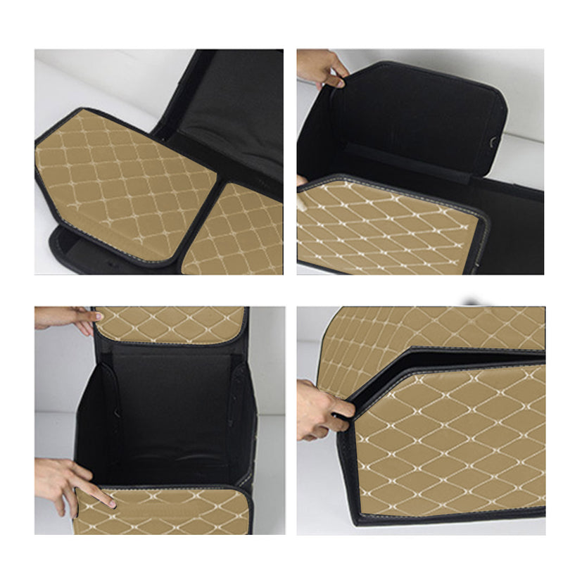 4X Leather Car Boot Organizer Box 30x30x30cm Foldable 10Kg Capacity Beige Gold