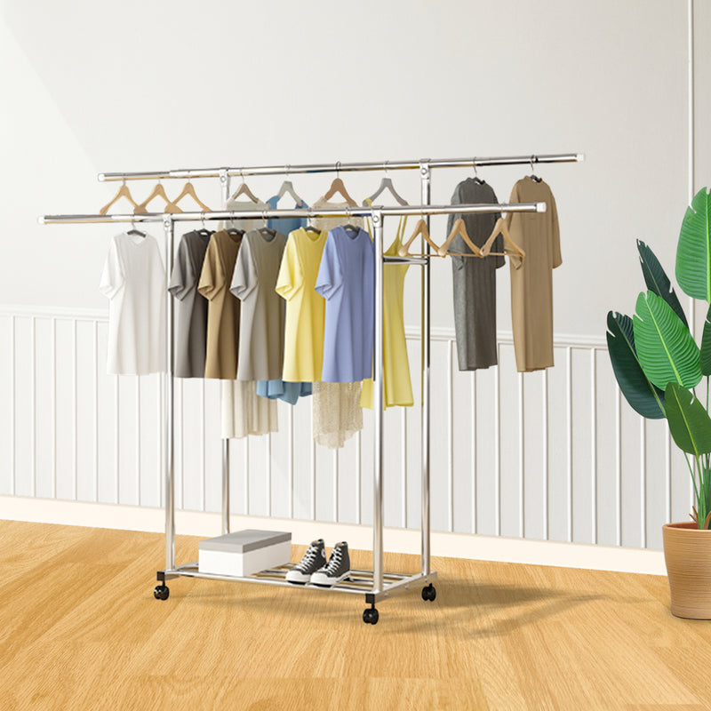 2X Stainless Steel Floor Standing Clothes Rack Double Rod Extendable 120cm