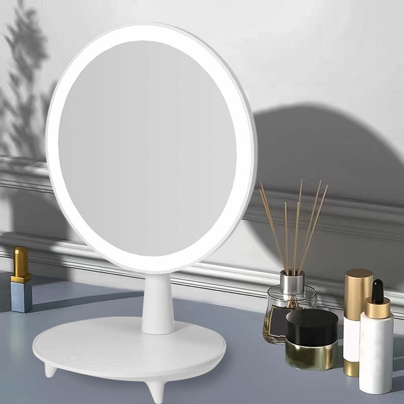 Round White Rechargeable Led Makeup Mirror Plastic 15.5x25.7cm Storage Base Usb