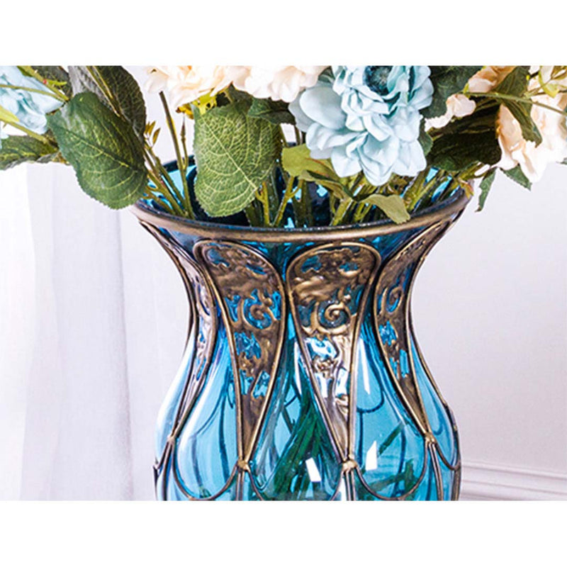 85cm Blue Glass And Gold Metal Tall Floor Vase 12pcs Pink Artificial Flowers