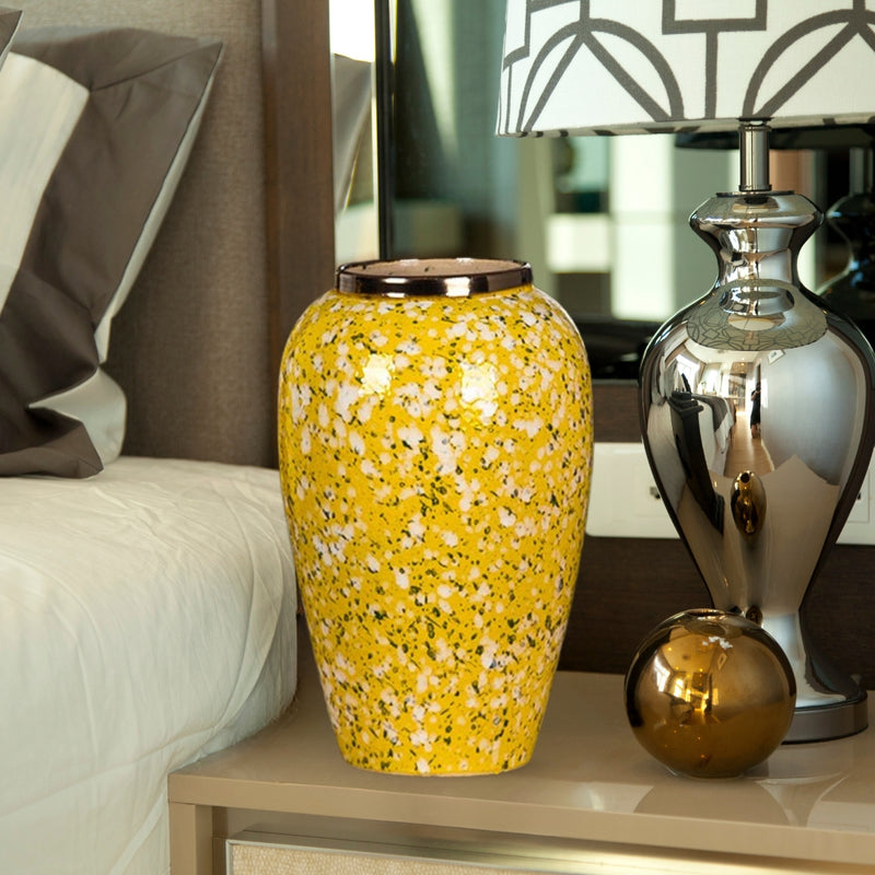 Medium Ceramic Flower Vase 30x19cm Yellow With White Floral Handcrafted