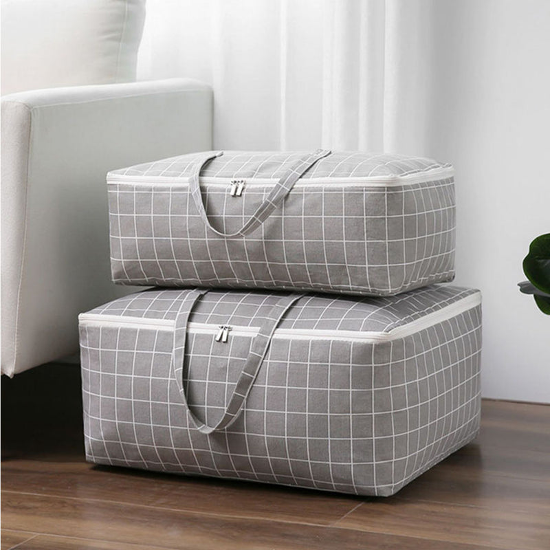 2X Grey Plaid Medium Travel Storage Bag Polyester Double Zipper 55cmx20cmx30cm