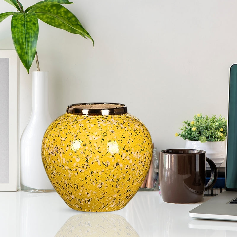 Small Yellow with White Ceramic Flower Vase Elegant Home Decor Display Piece