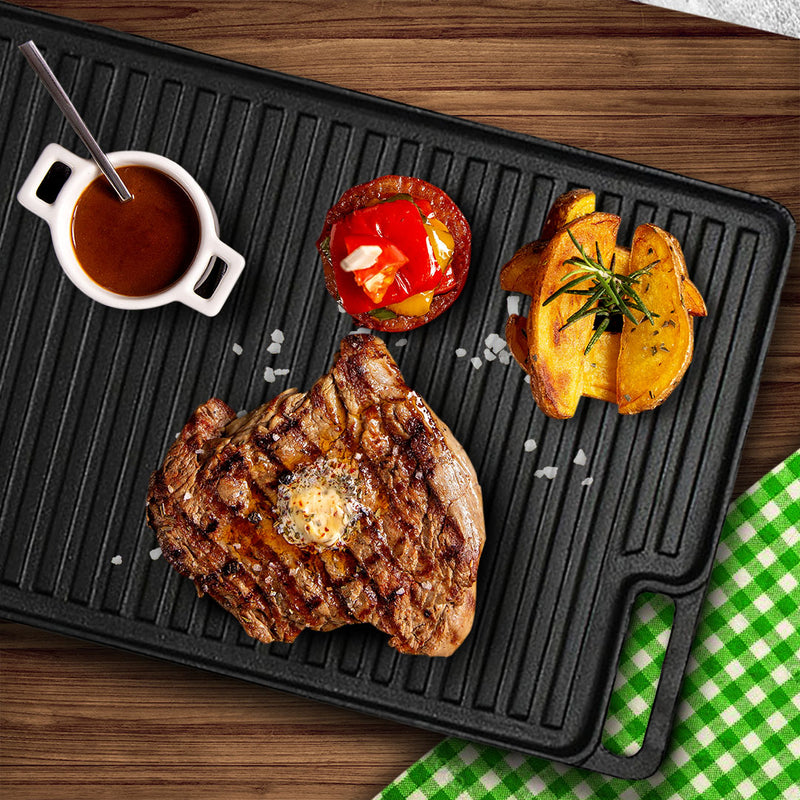 2X 45cm Rectangular Cast Iron Griddle Pan Pre Seasoned Black With Handle