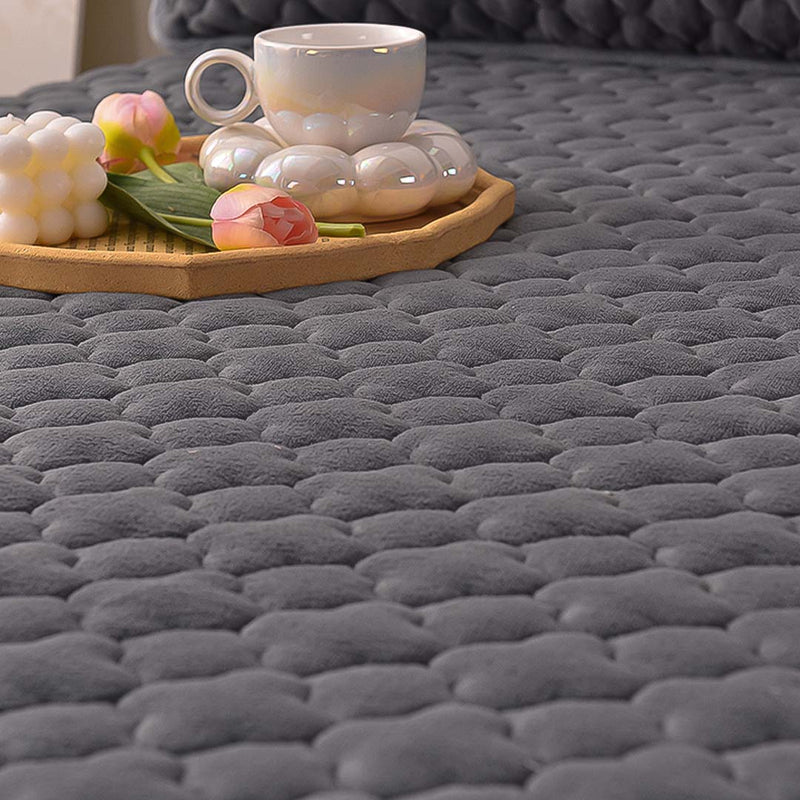 Grey 188cm Quilted Fleece Mattress Cover Set with Pillow Covers