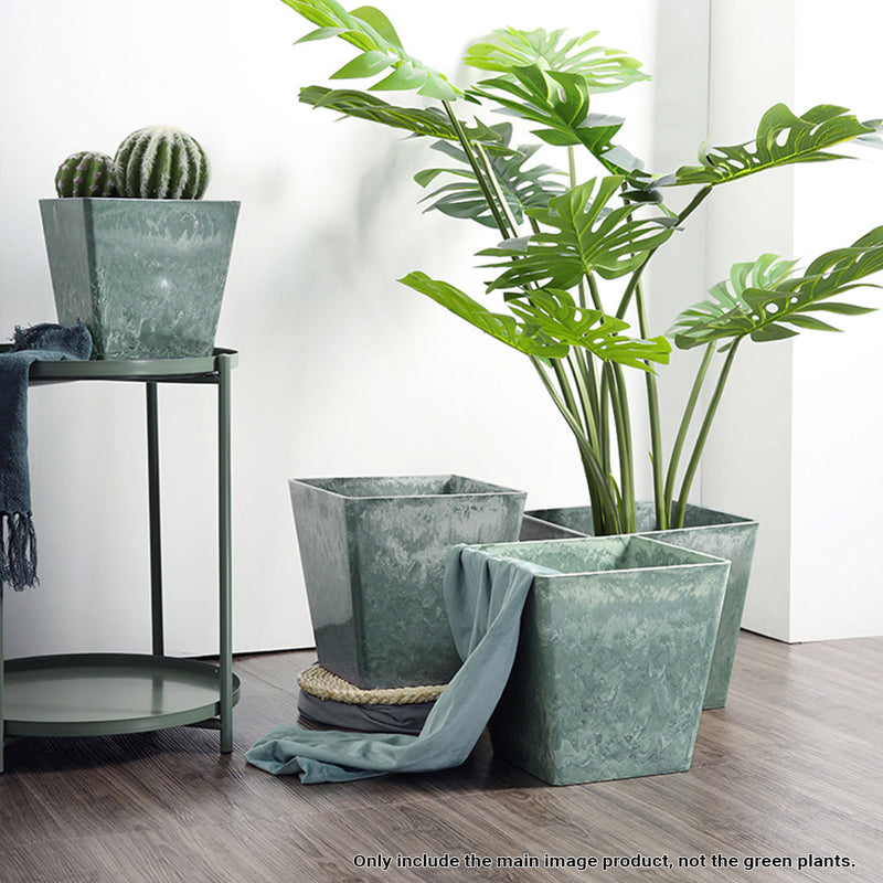 2X 27cm Green Grey Square Resin Tapered Planter Concrete Look Indoor