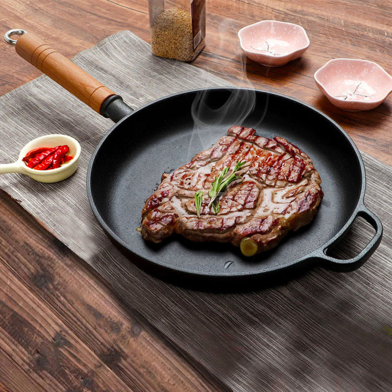2X 25cm Round Cast Iron Skillet Non Stick Pre Seasoned Wooden Helper Handle