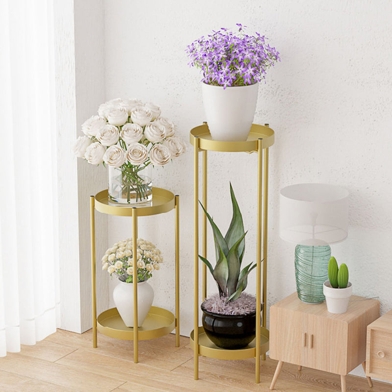 2X 2 Tier 80cm Gold Metal Plant Stand With Enamel Pots Corner Display