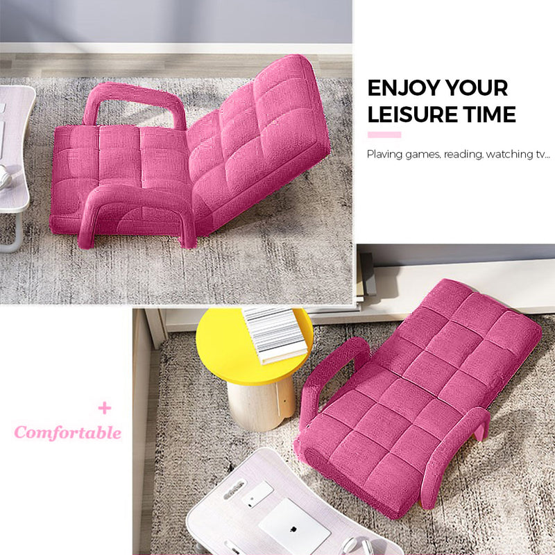 2X Foldable Floor Lounge Recliner Chair Linen Fabric 135x58x20cm Pink Adjustable