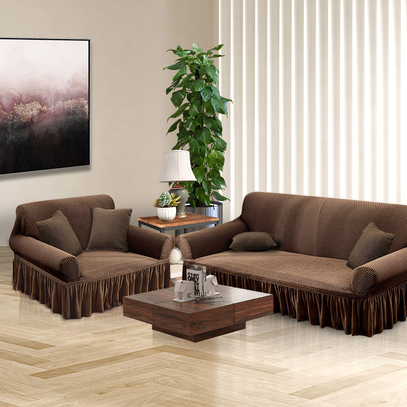 2 Seater Sofa Cover Polyester Stretch Ruffled Skirt Fits 145 To 185 Cm Coffee