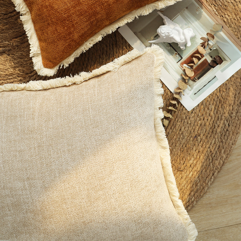 2X 45Cm Square Chenille Polyester Throw Pillow With Tassels Latte