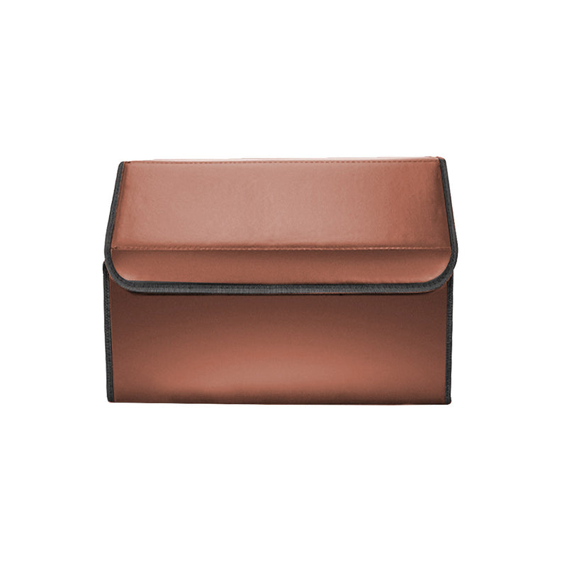Leather Car Boot Organizer Foldable Storage Box Medium Black Red Stitch