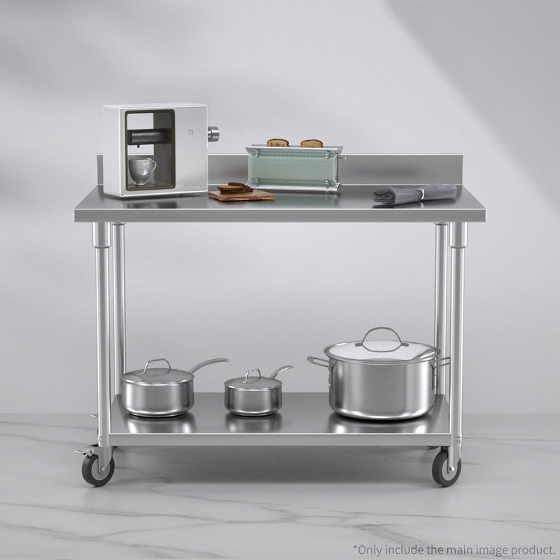 Commercial Kitchen Stainless Steel Prep Table 120cm with Backsplash and Wheels
