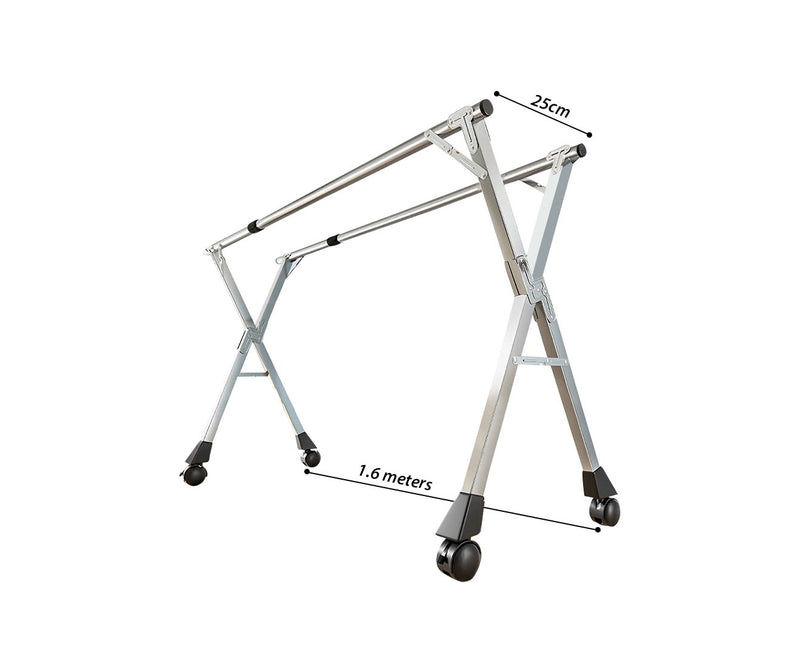 1.6m Stainless Steel Foldable Clothes Drying Rack Anti Shake Wheels 40kg Silver