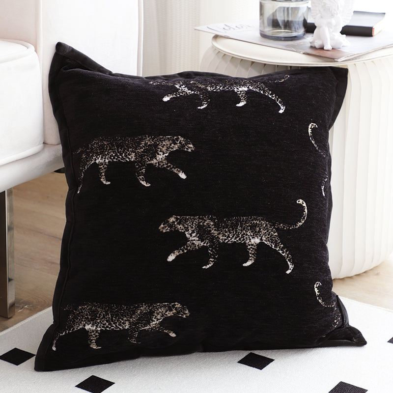 Throw Pillow Polyester Cotton 50x50x18cm Embroidered Panther Black
