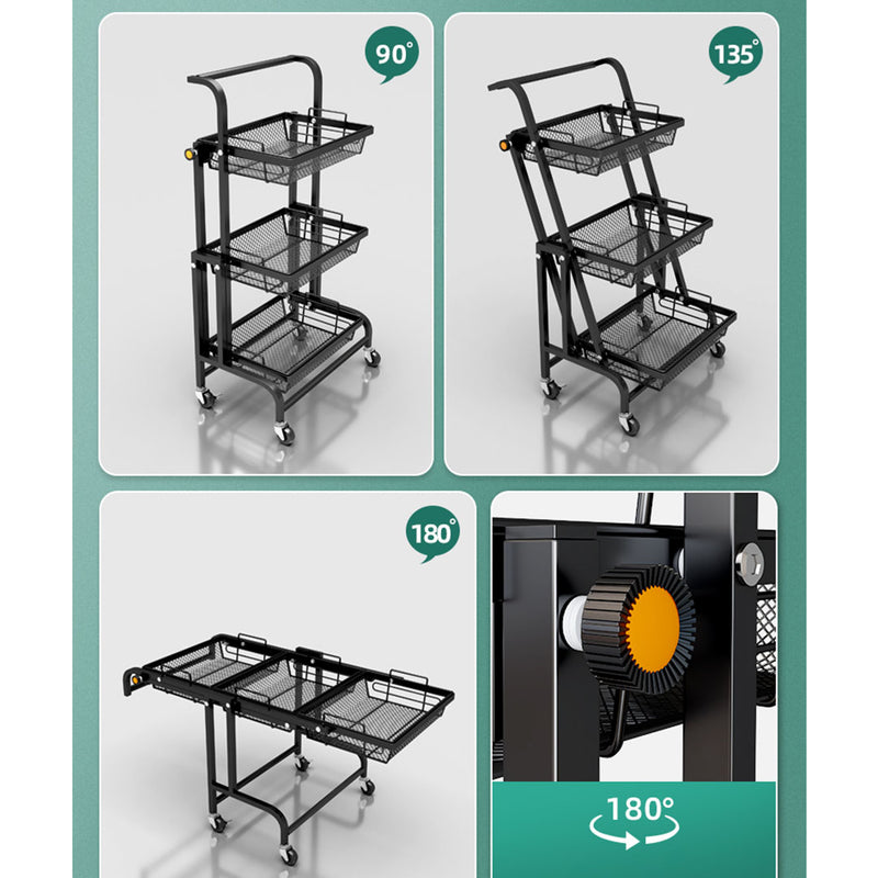 3 Tier Carbon Steel Kitchen Cart Mesh Shelves Black Locking Wheels Adjustable