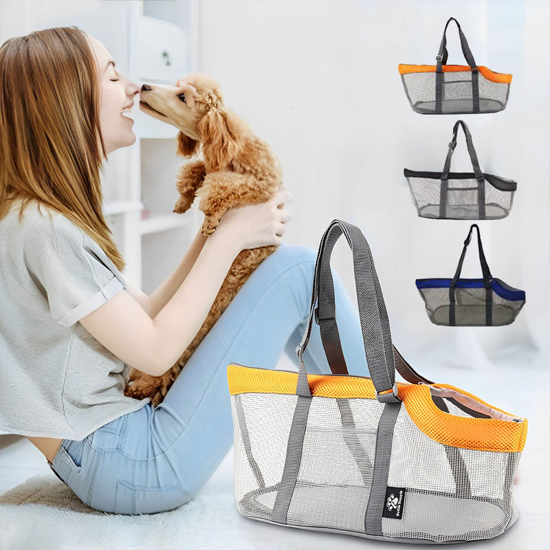 Orange Mesh Pet Carrier Bag 40x20x20cm Breathable Tote With Side Pockets