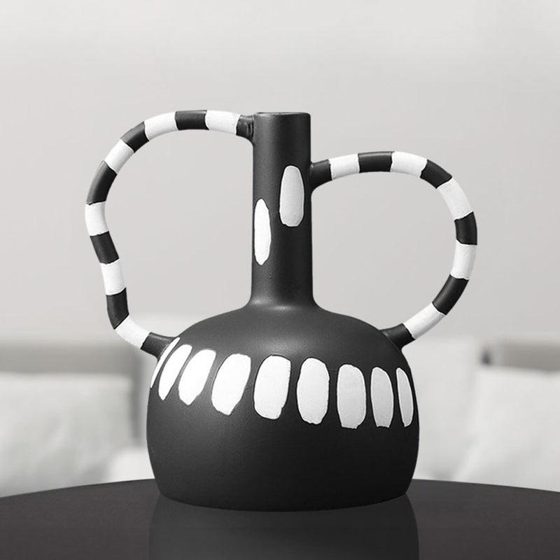 Ceramic Ornament Vase 26.5x17x25cm Polka Dot Handmade Black And White