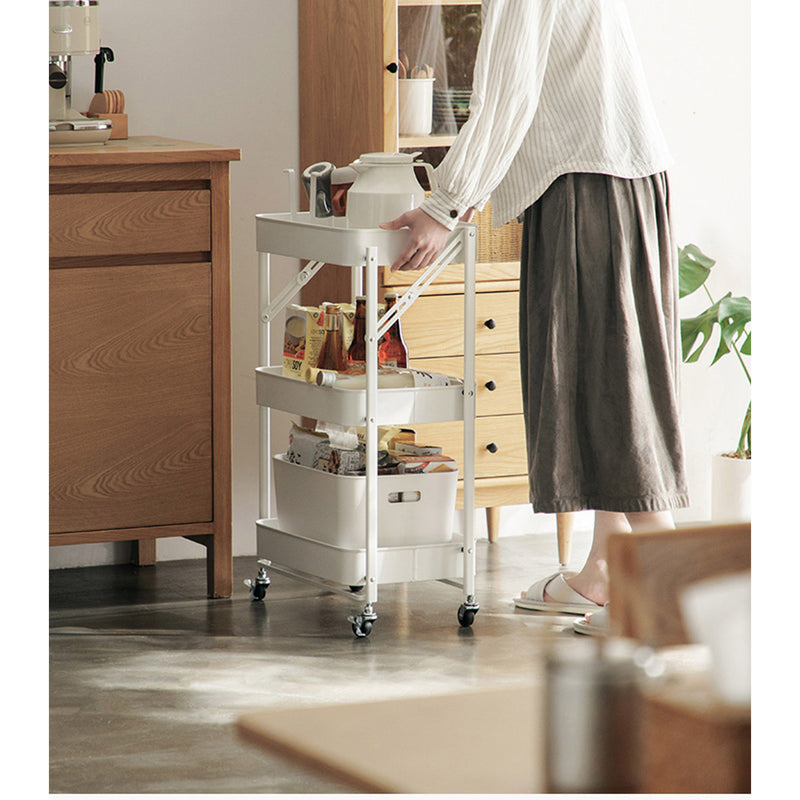 3 Tier White Foldable Steel Kitchen Cart Portable Storage Shelves With Wheels