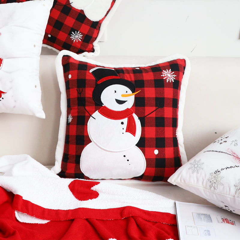 2X 45Cm Square Plush Throw Pillows Red Embroidered Snowman Holiday Cushion