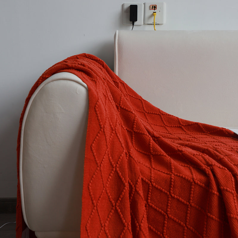 Red Diamond Pattern Knitted Throw Blanket 100% Acrylic 130x230cm with Tassels
