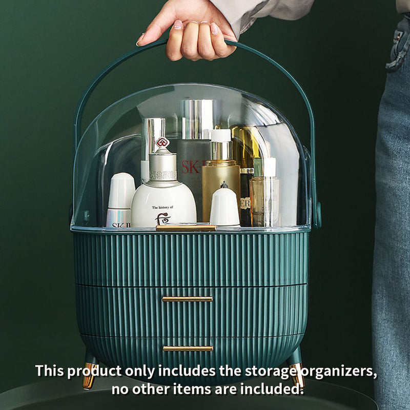 2X Countertop Makeup Organizer Abs Plastic 29cm Green With Lid Drawers Handle