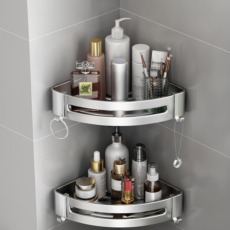 2X Silver Aluminum Wall Mounted Triangular Corner Shelf Rack 24.5x24x6cm Hooks