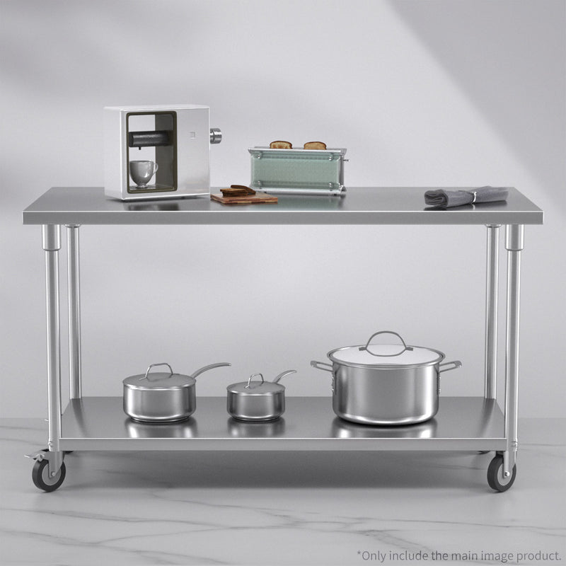 150cm Stainless Steel Kitchen Work Bench with Locking Wheels and Storage Shelf
