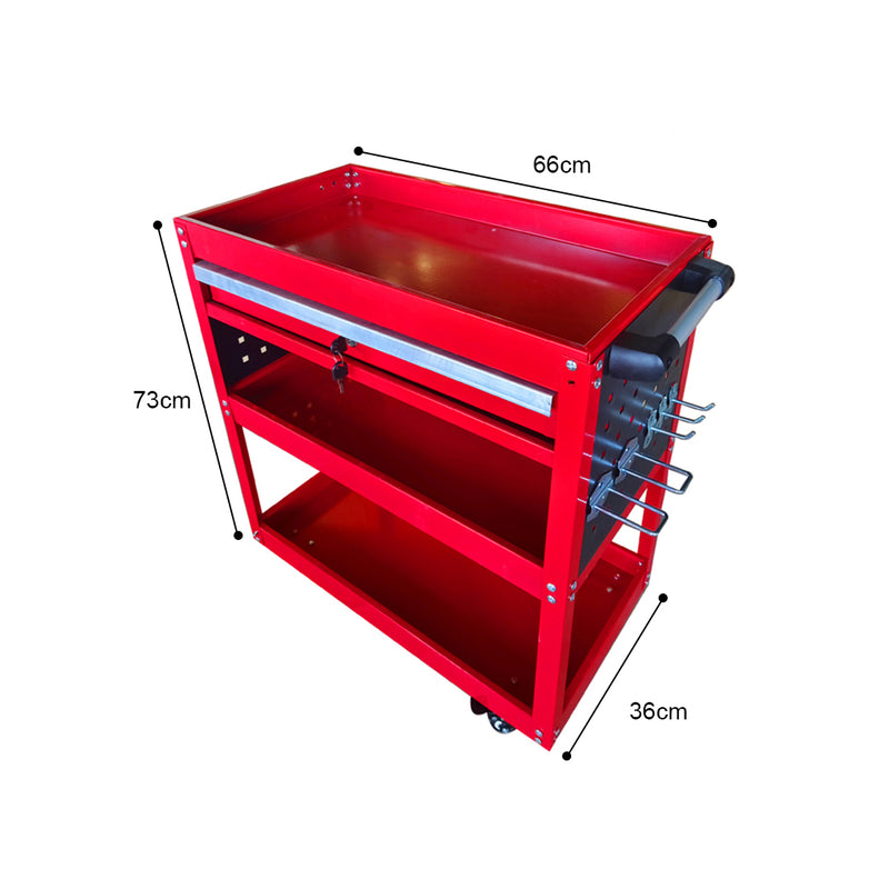 2X 3 Tier Heavy Duty Tool Storage Cart With Drawer Hooks Portable Red Steel