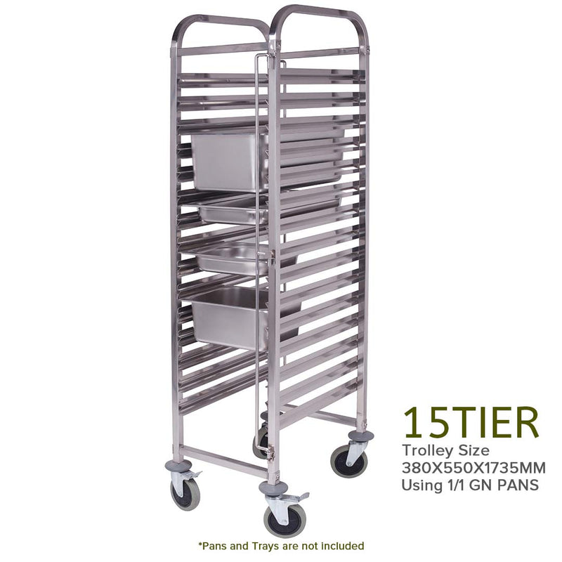 2X 15 Tier Gastronorm Trolley 304 Stainless 1/1 Pan Rack Lockable Castors