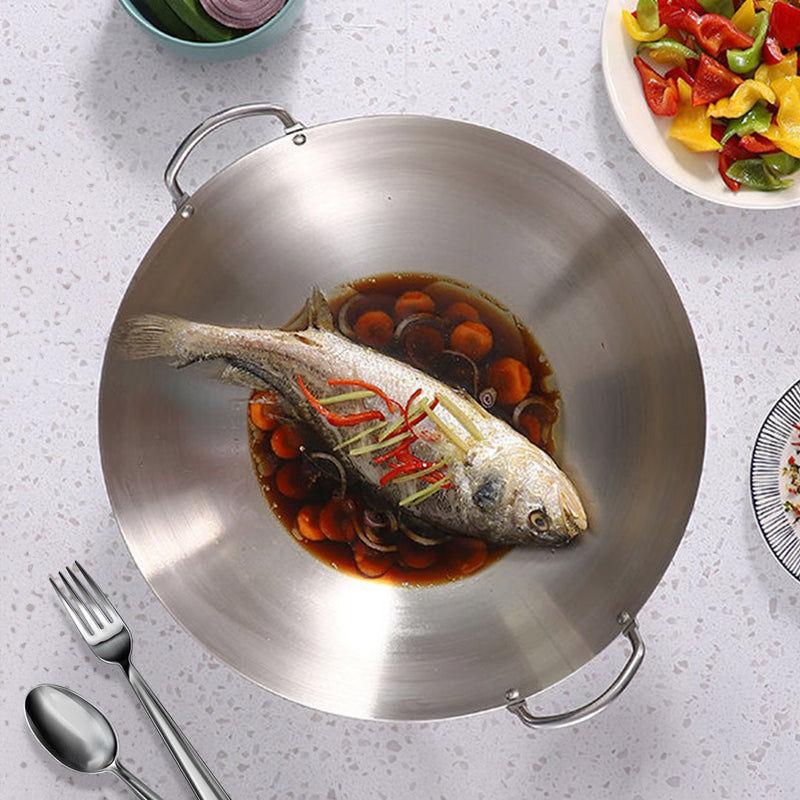 50cm Stainless Steel Wok Dual Handles Kitchen Cooking Home Commercial